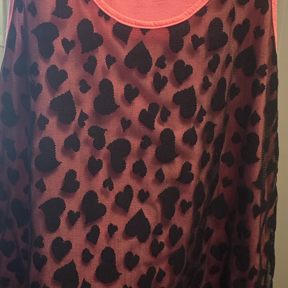 Cielo Black and Pink/orange Heart Tank Top. Black Lace Overlay With Heart Detail